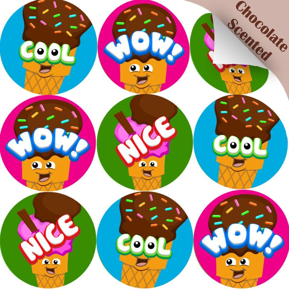 120 Cool Cones 30mm Chocolate Scented Reward Stickers for Teachers & Party Bags