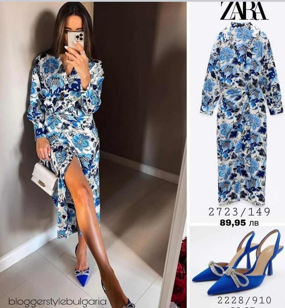 ZARA BLUE WHITE FLORAL PRINT 3/4 SLEEVE SATIN WRAP MIDI SHIRT