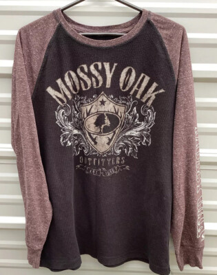 Mossy Oak Long Distressed Sleeve Men's Size L Black Waffle Knit Graphic Print