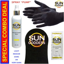 SUN GODDESS Sunless Self Tanning Spray Pump 8 oz  Mitt, Gloves  Best Tanner 