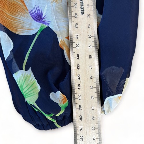 REVERSE Sheer Wrap Dress Womens Plus Size L Navy Blue Floral Print Lined - Picture 16 of 16