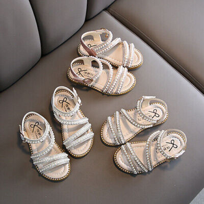 Mädchen Sandalen Kinder Diamante Pearl Summer Beach Flat Party Strappy Schuhe