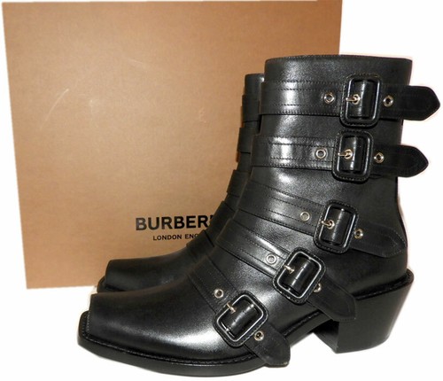 Burberry Buckled Leather Peep-Toe Ankle Boots Black