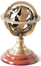 Brass Armillary Sphere Astrolabe On Wooden Base Maritime Nautical & Collectible