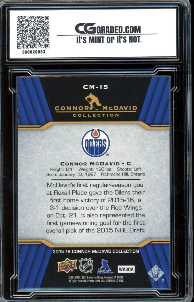 2015-16 Upper Deck Connor McDavid Collection ROOKIE #CM-15 GRADED CG 10 PRISTINE - Image 2 of 2