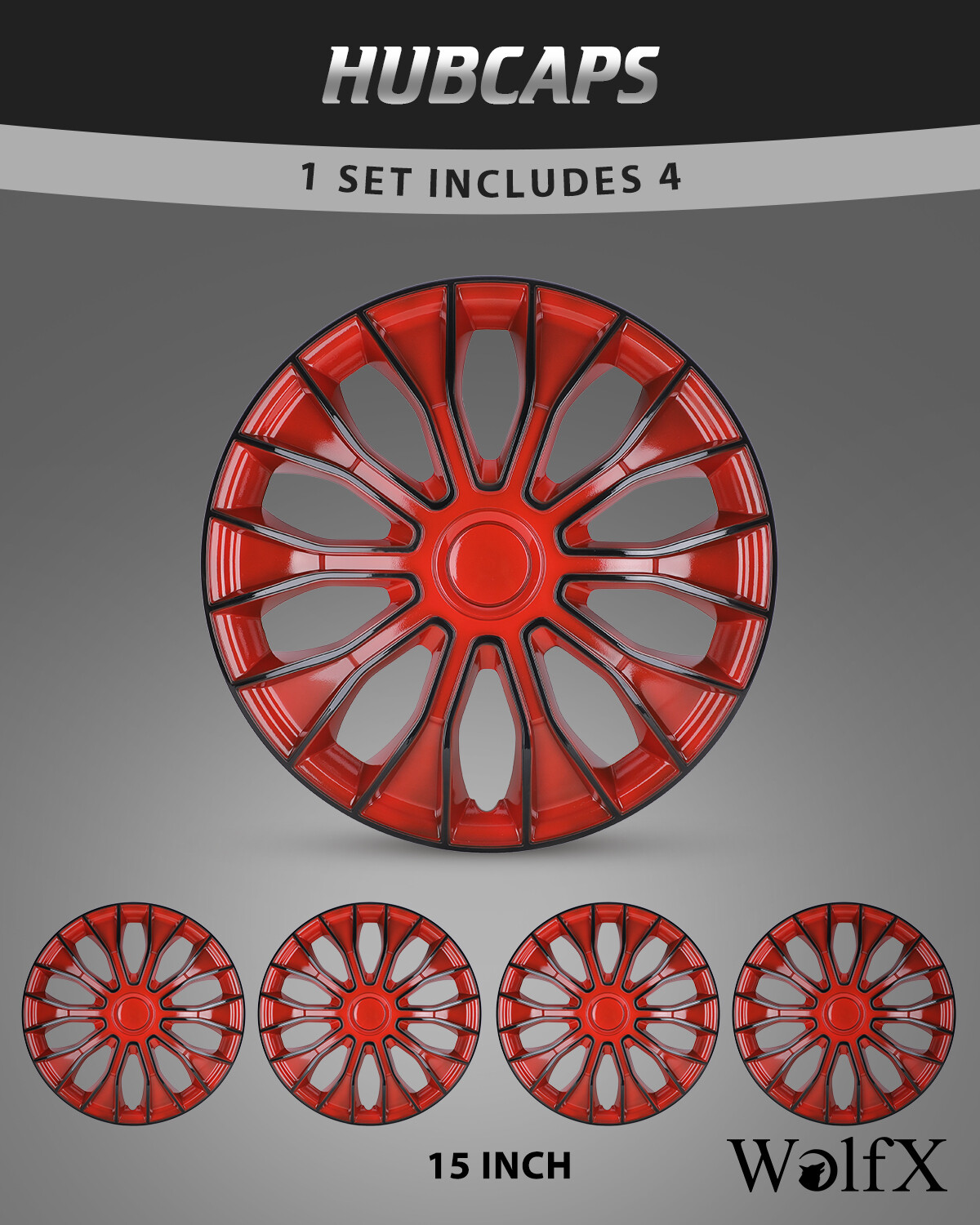 15-Inch Black & Red ABS Snap-On Hubcaps for 15
