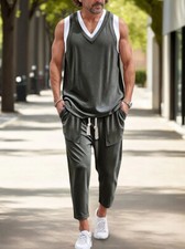 Mens Summer Outfit 2-Piece Set Sleeveless V-neck Shirts and Pants Sweatsuit