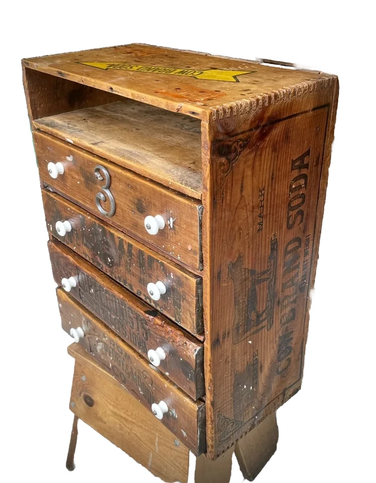 Primitivo 4 cajones madera y estaño boticario piezas contenedor gabinete marca vaca caja de refrescos Foto 2 de 4