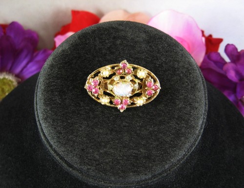 OPALESQUE Glass Cab PIN Vintage Brooch PINK Rhinestone Faux Pearls Goldtone Oval - Picture 4 of 10