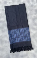 Fendi Merino Wool Scarf Monogram Logo Plaid Cozy Black Blue Winter Scarf Scarves