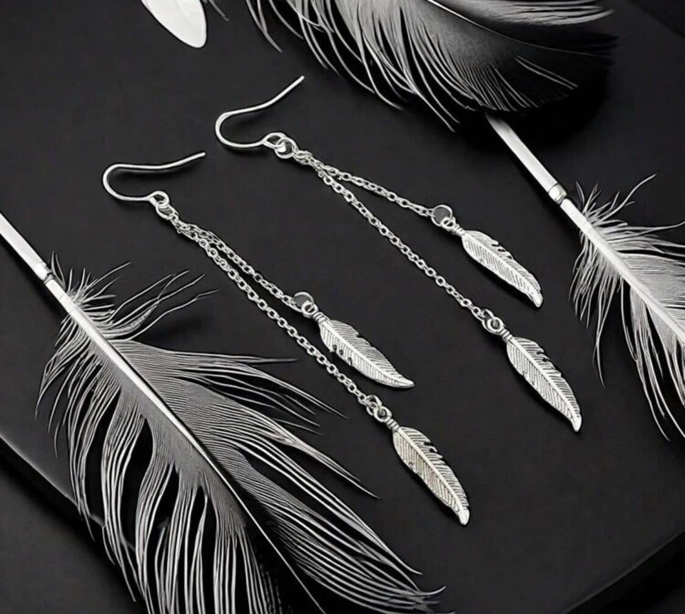 Long Silver Feather earrings - drop dangle earrings - 925 Sterling Silver - Image 3 of 3