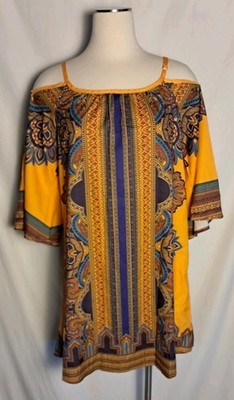Women's Medium Tunic Boho Dress VTG Geometric Print Kimono Sleeve Cold Shoulder