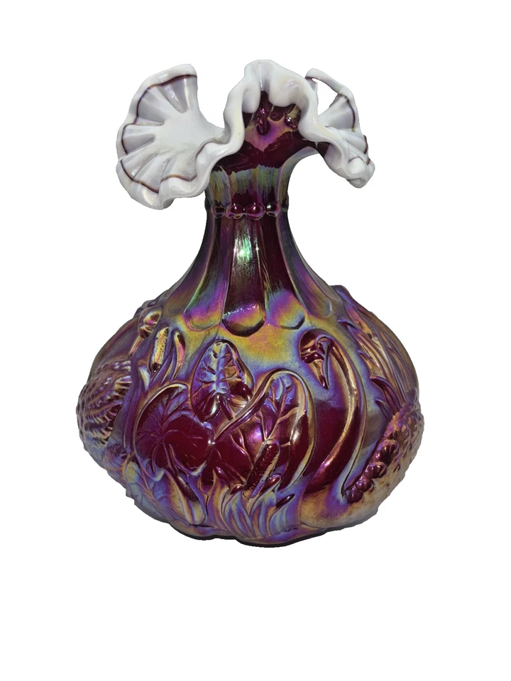 Fenton RUBY RED IRIDESCENT CARNIVAL GLASS OVERLAY SWAN CATTAIL VASE - Image 4 of 4