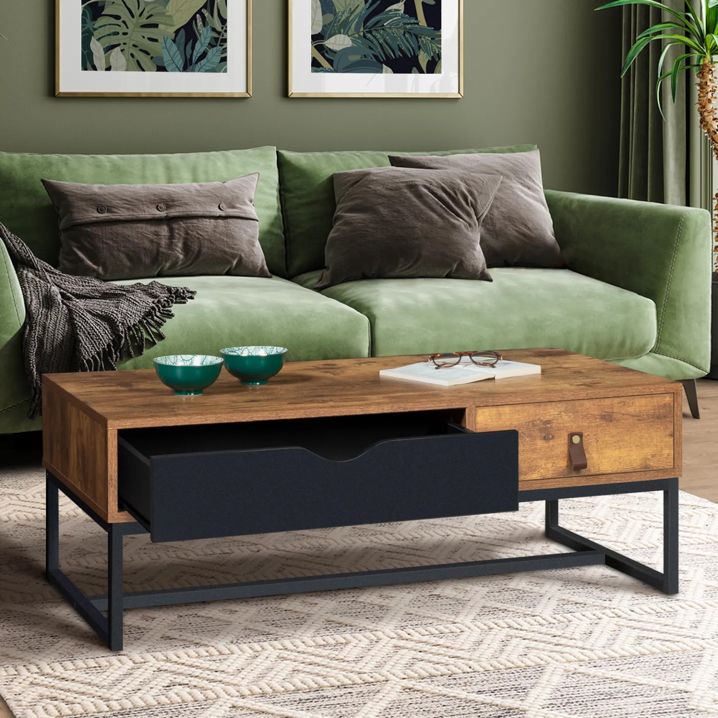 Table basse industrielle CHICAGO pour ranger vos télécommandes dans 2 tiroirs - 4