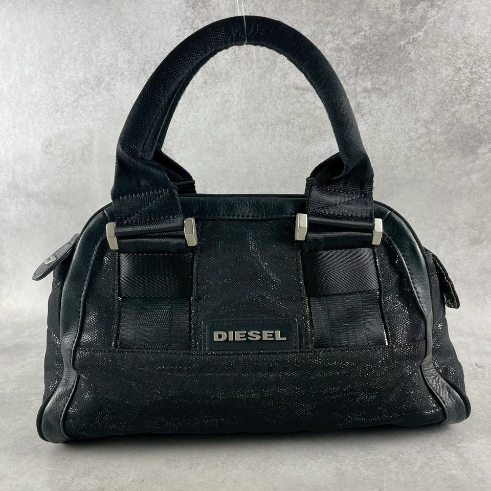 Mini sac Boston noir DIESEL toile enduite pailletée cuir Y2K Italie vintage - Photo 3/4