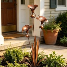 1/2x 2026 Flamed Copper Three Calla Lilies Garden Stake with Bells Rain Catcher