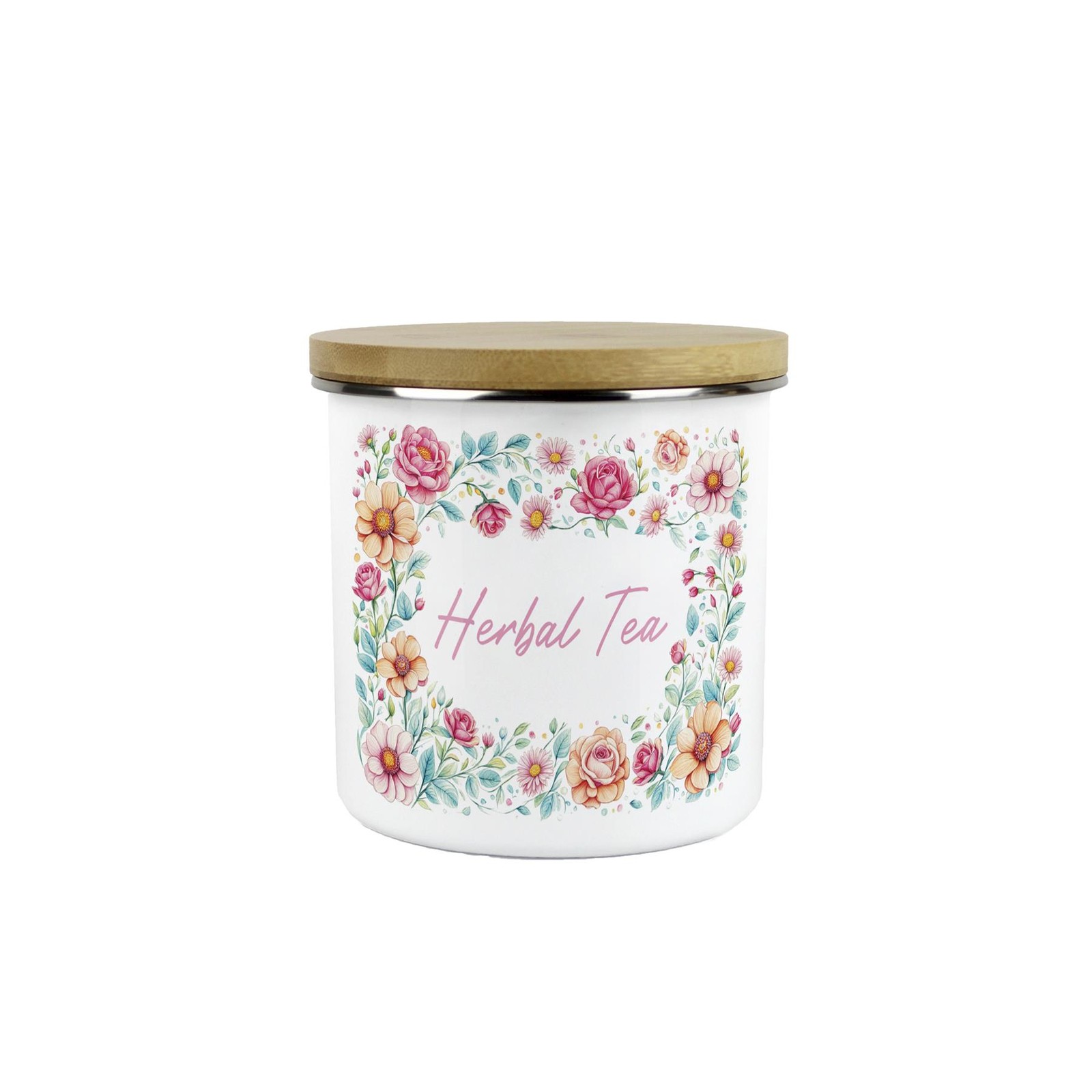 Pink Roses Herbal Tea Canister - Floral Enamel 600ml Kitchen Storage Gifts