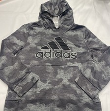 Adidas Sweater Boys Size Medium 10-12 Gray Allover Print Pullover Hoodie Casual