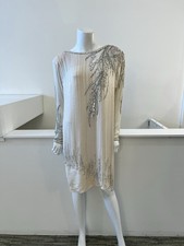 1980s BOB MACKIE Cream  Silver Beaded Silk Evening Dress Size 12