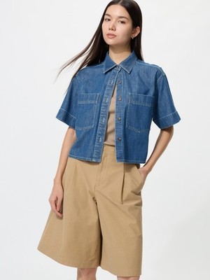 UNIQLO Denim Boxy Shirt S-3XL Short Half-Sleeve 100% Cotton Women