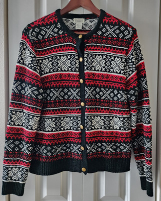 Vtg Classic Elements Black White Red Cardigan Winter Brass Color Buttons- Size M