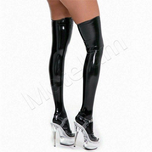 Women Shiny Glossy PVC Leather Over Knee Long Socks Wetlook Thigh High Stockings - Picture 4 of 12