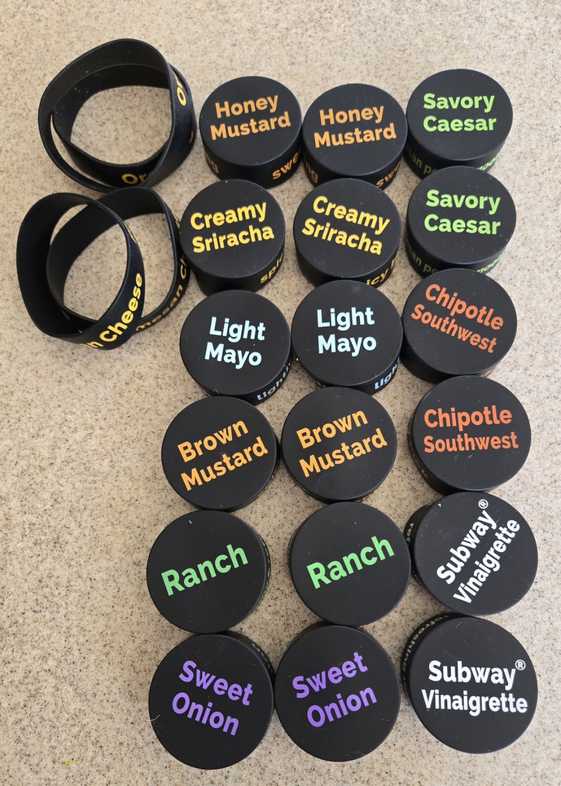 FIFO (18) Silicone Label Bottle Cap Covers 4 Label Bands Subway Food Grade New