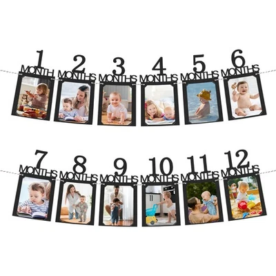 12PCS pour 1er Anniversaire Décoration Bannière Photo de 1 à 12 Mois Noir - Photo 1/4