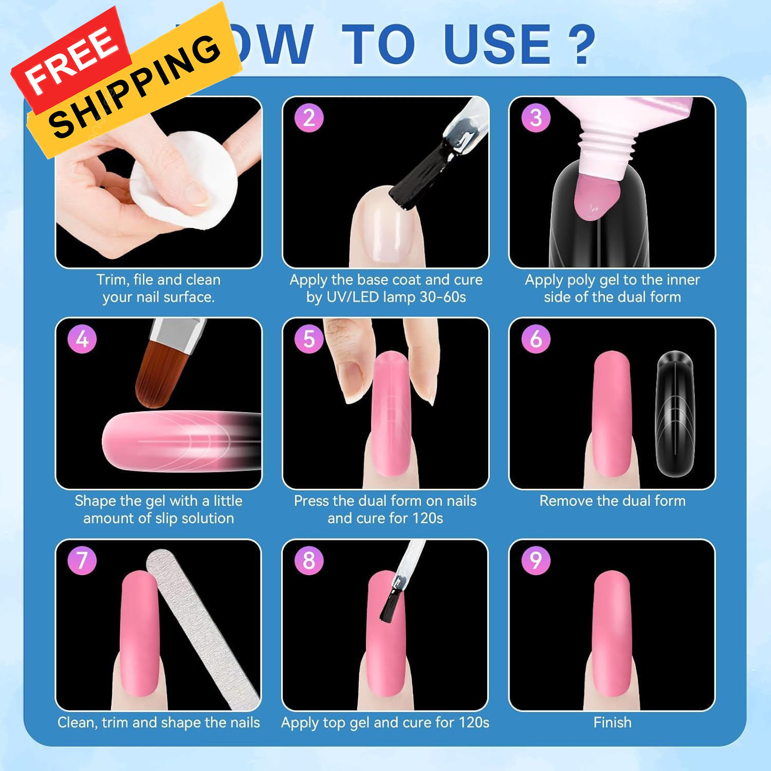 Curved Square Dual Nail Forms with Guiding Line – Reusable M & L Long, Clear 