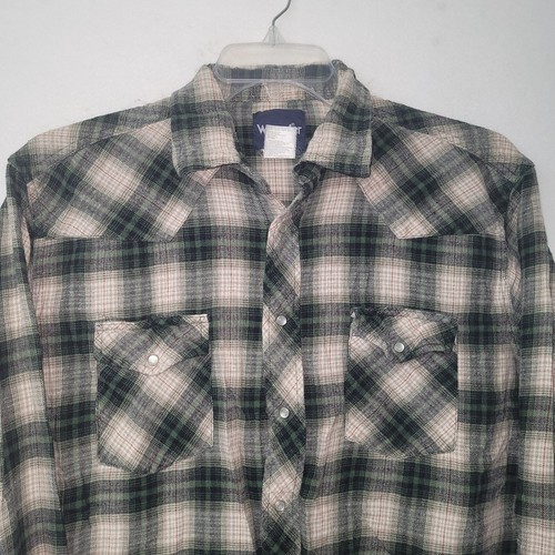 Wrangler Men XL Green Plaid Flannel Western Shirt Long Sleeve Snap Button Cowboy - Picture 2 of 10