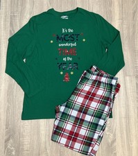 Christmas Pajama Set Jammies Mens Large Green Plaid Pants Holiday Long Sleeve