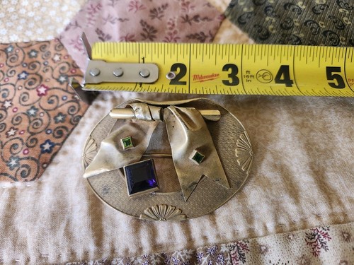 Vintage Antique GNS & CO Brass Glass C Clasp Ornamental Brooch Pin