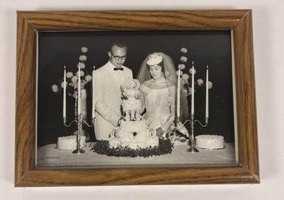 VTG Framed Black & White Wedding Photo Cake Cutting 1950's? 5.75x7.75