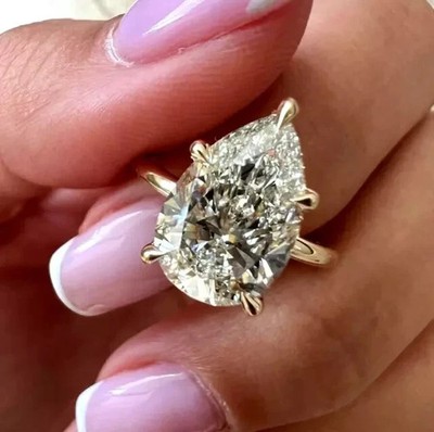 Real Moissanite 5CTW Pear Cut Solitaire Engagement Ring 14k Yellow Gold Plated