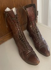 Antique Victorian Edwardian Leather Black Lace Up Boots Witch Crescent Moon Heel