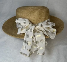 Sun N Sand Headwear Women’s Wide Brim Straw Sun Hat Gold White Metallic Band