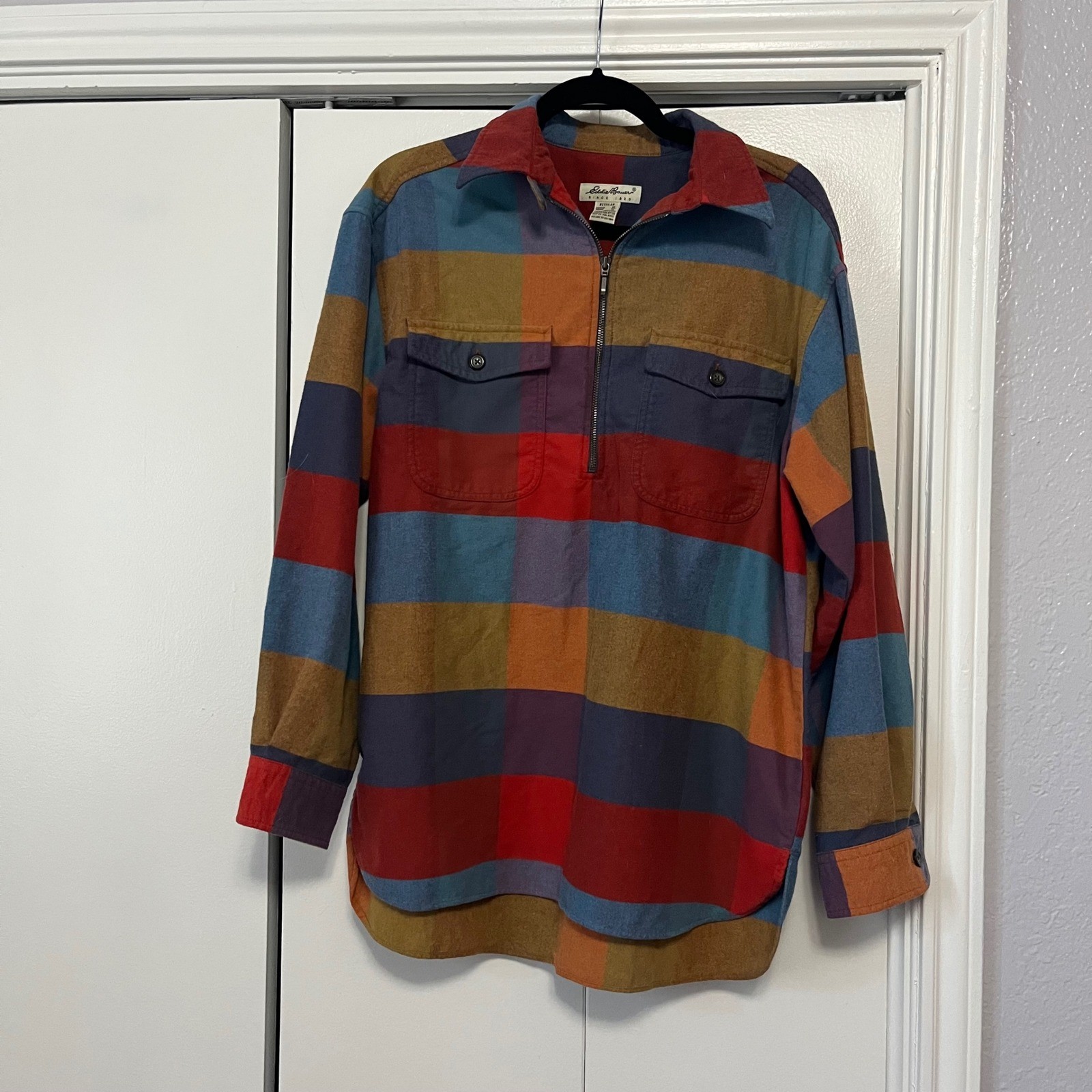 Eddie Bauer Womens Medium Cotton Plaid Half Zip Shirt Jacket