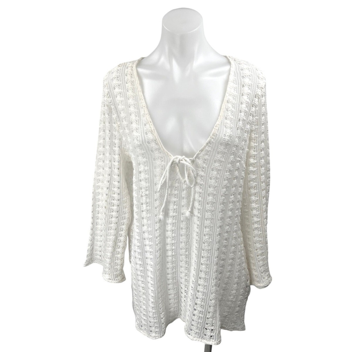 H&M White Crochet Knit Deep V Tie Long Sleeve Beach Cover Up Mini Dress  Size M | eBay