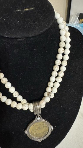 French Kande Double Strand Magnesite Beaded & Brass Medallion Pendant Necklace - Picture 2 of 6