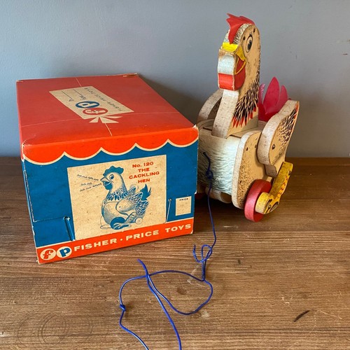 Vintage Fisher Price The Cackling Hen 120 Wooden Pull Toy with Original Box