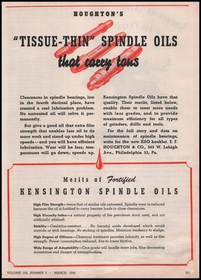 1944 Houston & Co. Philadelphia Kensington ''Tissue-Thin'' Spindle Oils Print Ad