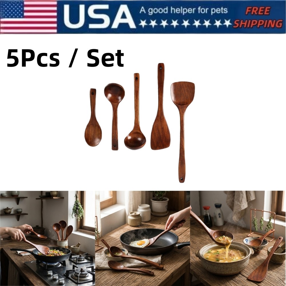 5Pcs Natural Wooden Kitchen Utensil Set Wood Spoons and Spatulas for Cooking