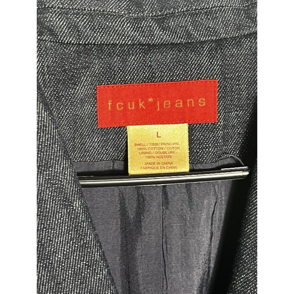 Chaqueta plumero vaquera vintage FCUK para mujer L borde crudo azul abrigo largo Y2K trinchera Foto 3 de 4