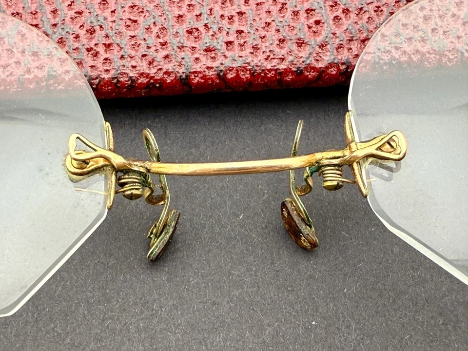 Gafas antiguas sin montura Pince Nez rellenas de oro de 10-12K con cadena y estuche increíble Foto 4 de 4