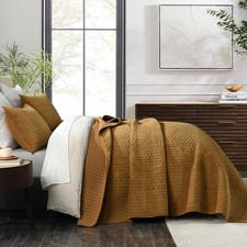 Velvet Quilt Set King Size, Luxury Cross Stitch, Gold Caramel