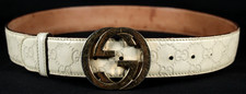 GUCCI 595 Royal Beige Logo Guccissima Embossed Gold Metal GG Buckle Belt 85 34