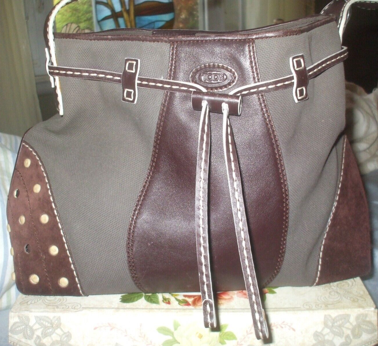 Tod's brown canvas & leather studded tote hobo draw string shoulder bag