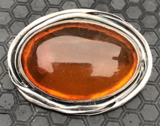 Vintage Mid Century silver & baltic amber brooch modernist signed J.S 1960/70