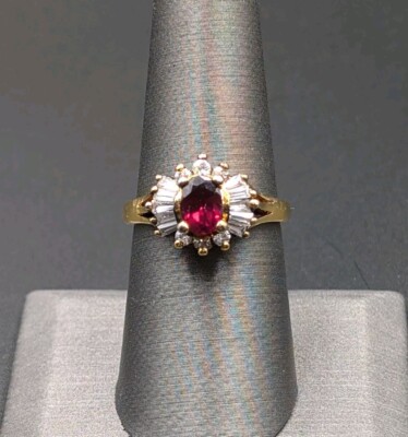 Vtg Gold Plated Sterling Silver Oval Garnet & CZ Halo Set Cocktail Ring Sz 7.75