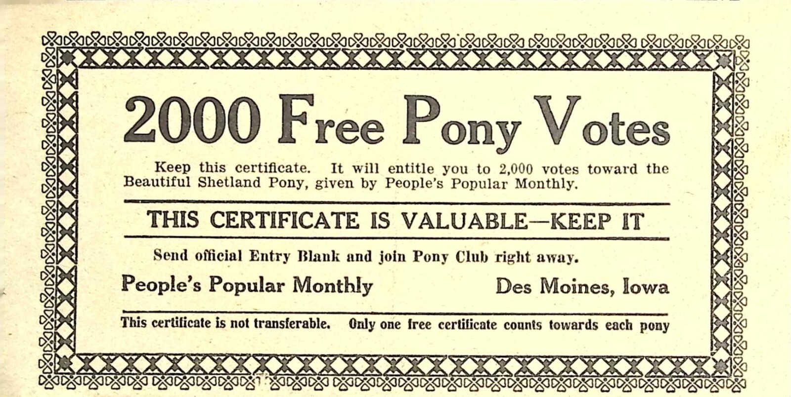 People's Popular Monthly 2000 Free Pony Votes Certificate Shetland Pony